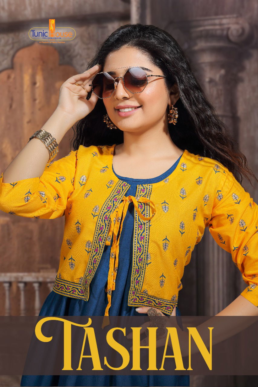 Tunic House Tashan Regular Wear Rayon Printed Anarkali Kurti With Jacket Collection
